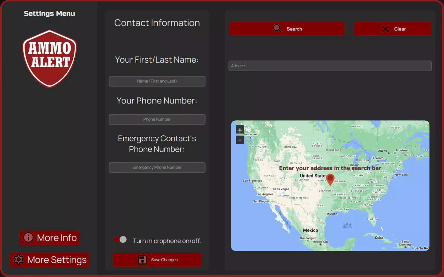 Picture of the UI of Ammo-Alert where the user has to input their information including number and location.